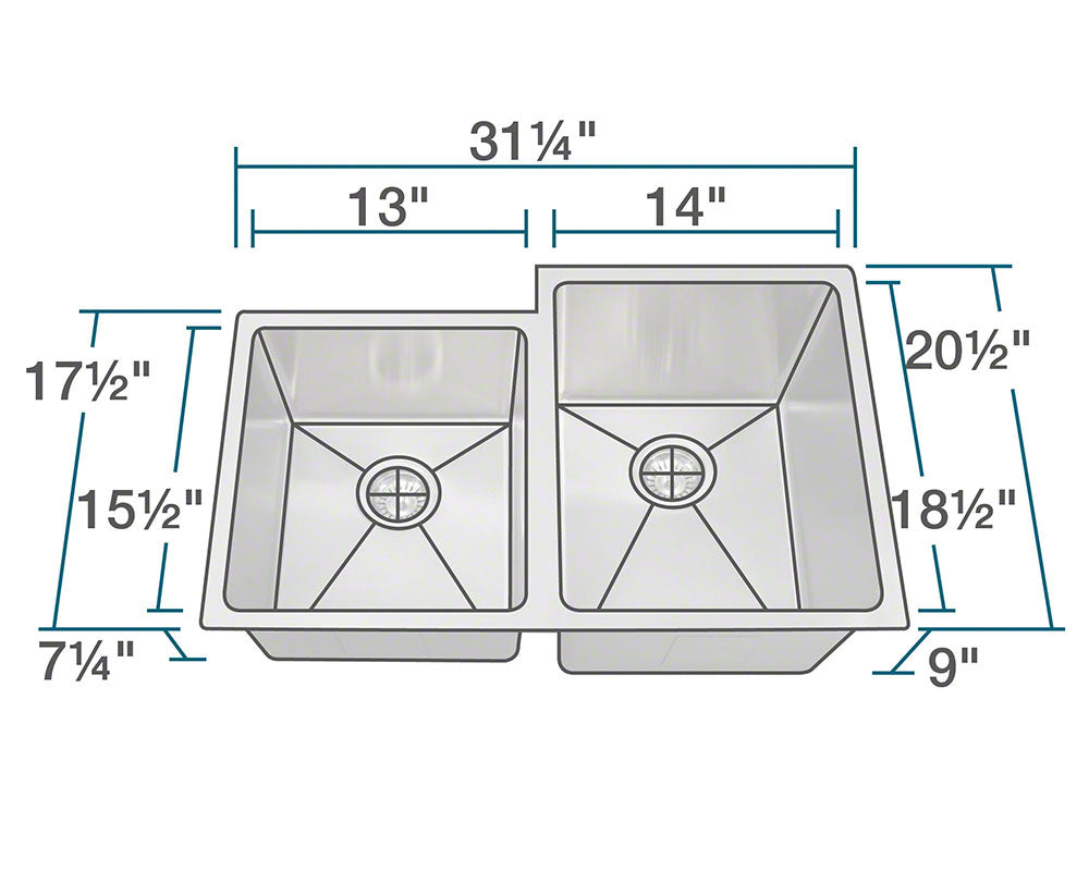 PR0213 Offset Double Bowl 3/4" Radius Stainless Steel Sink