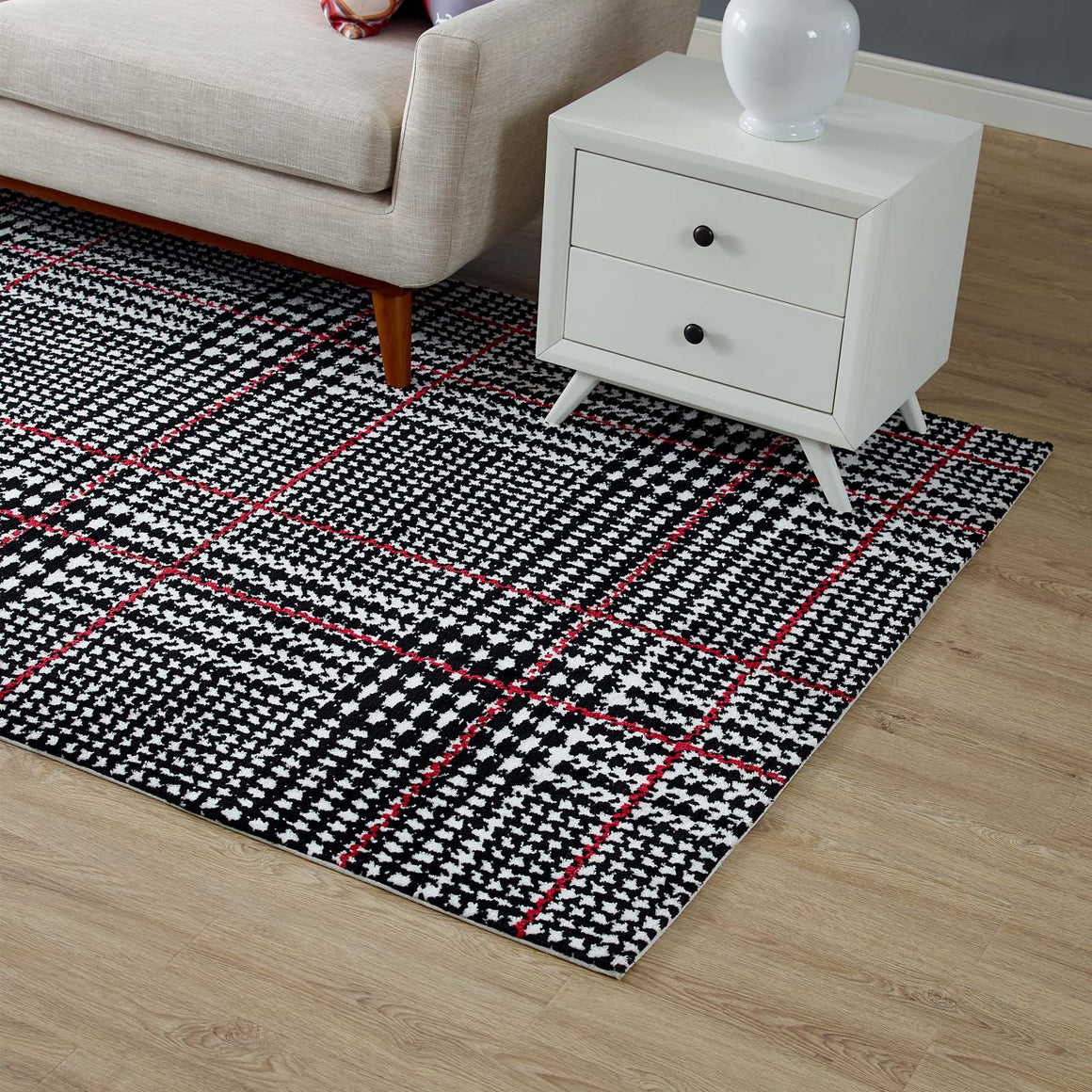 Kaja Abstract Plaid 5x8 Area Rug  Ivory, Black and Red