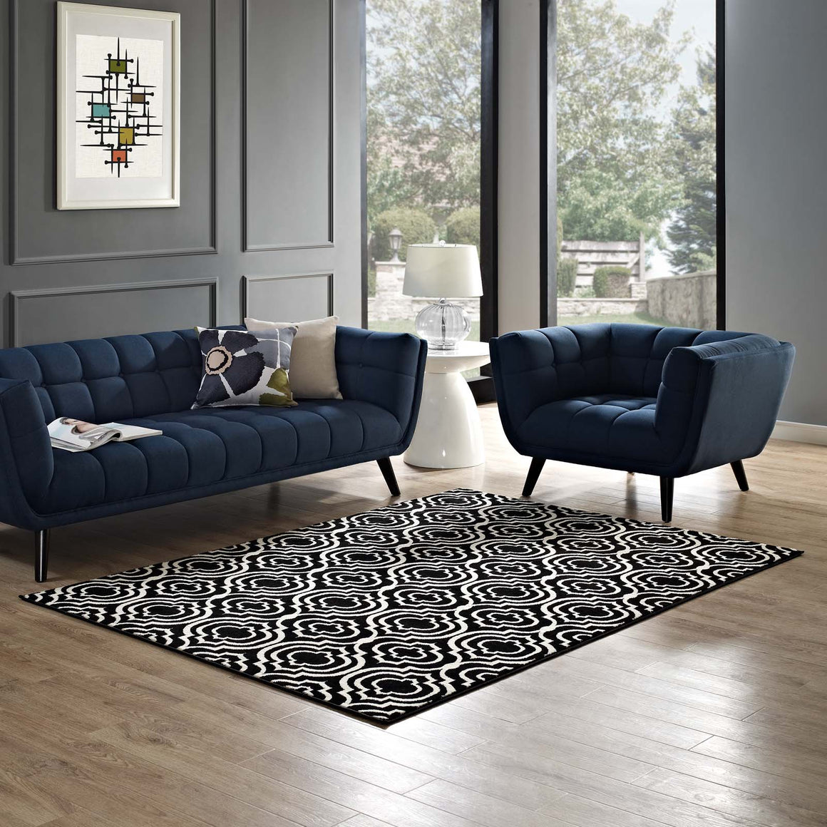 Frame Transitional Moroccan Trellis 5x8 Area Rug  Black and White