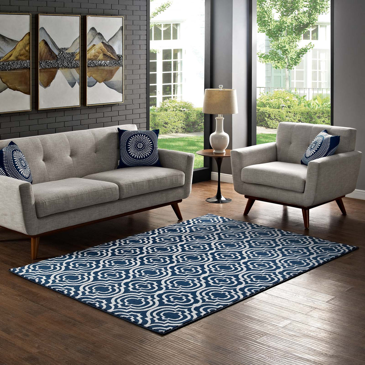 Frame Transitional Moroccan Trellis 5x8 Area Rug  Morcoccan Blue and Ivory