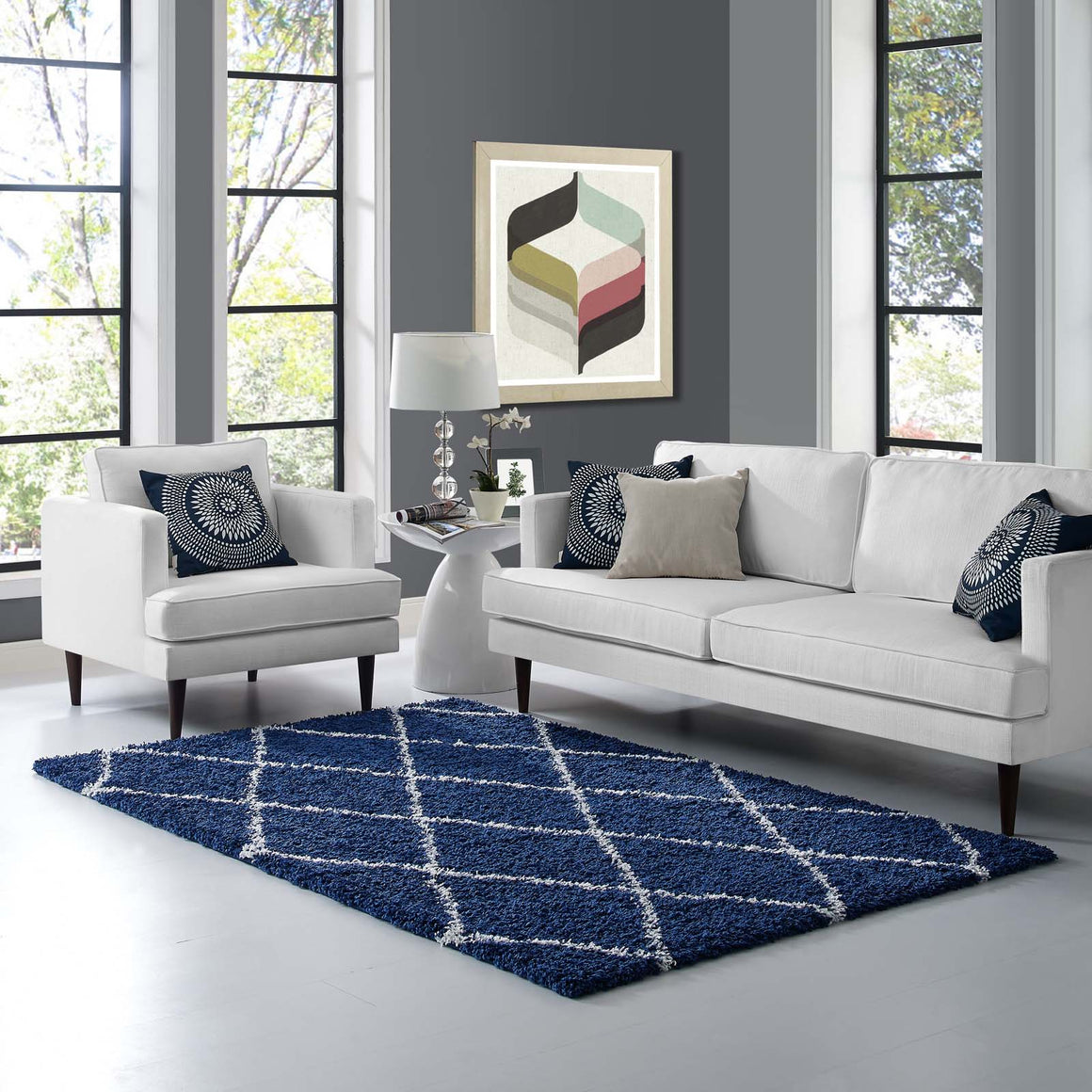 Toryn Diamond Lattice 5x8 Shag Area Rug  Navy and Ivory