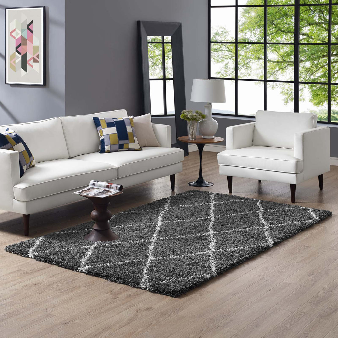 Toryn Diamond Lattice 5x8 Shag Area Rug  Dark Gray and Ivory