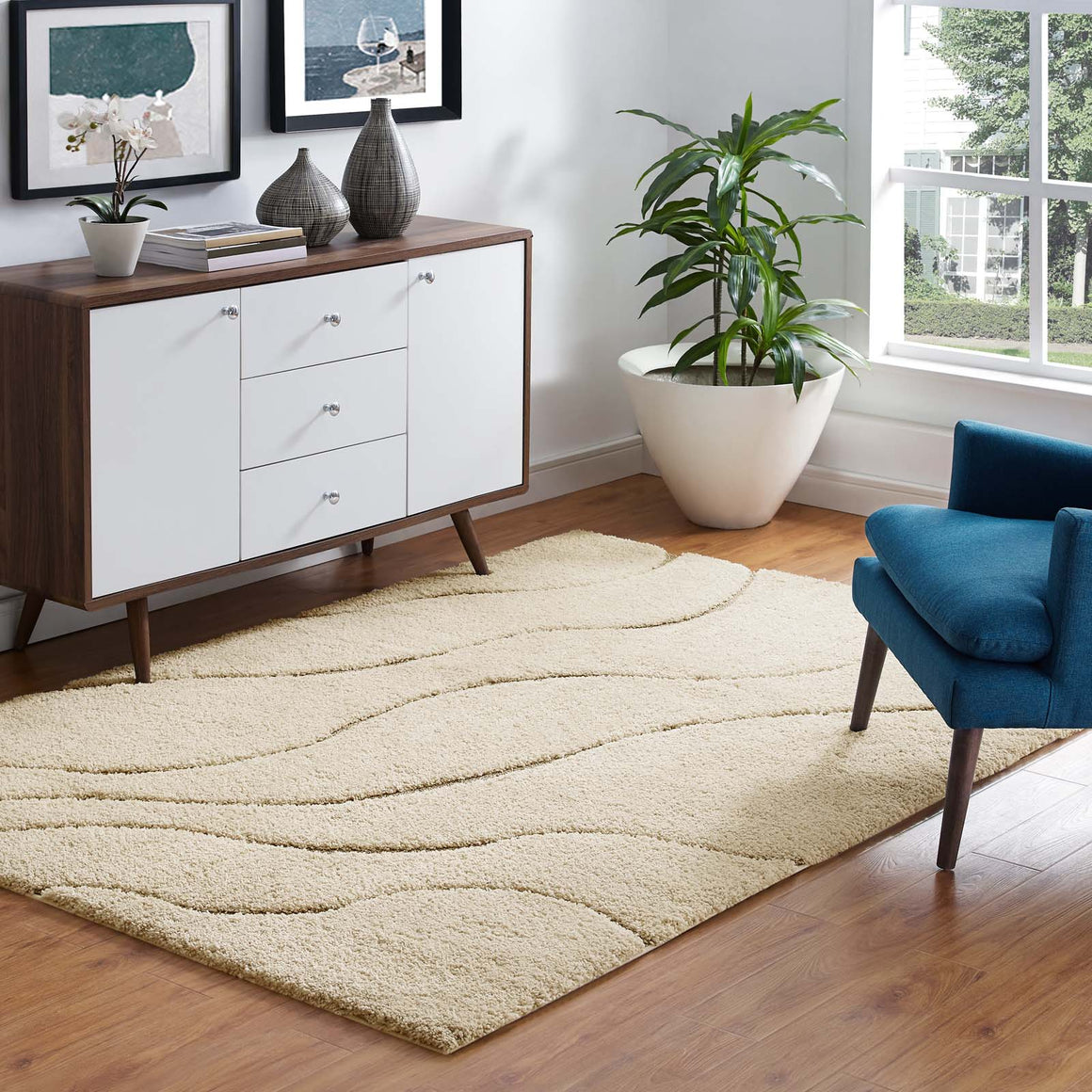 Abound Abstract Swirl 5x8 Shag Area Rug  Creame and Beige