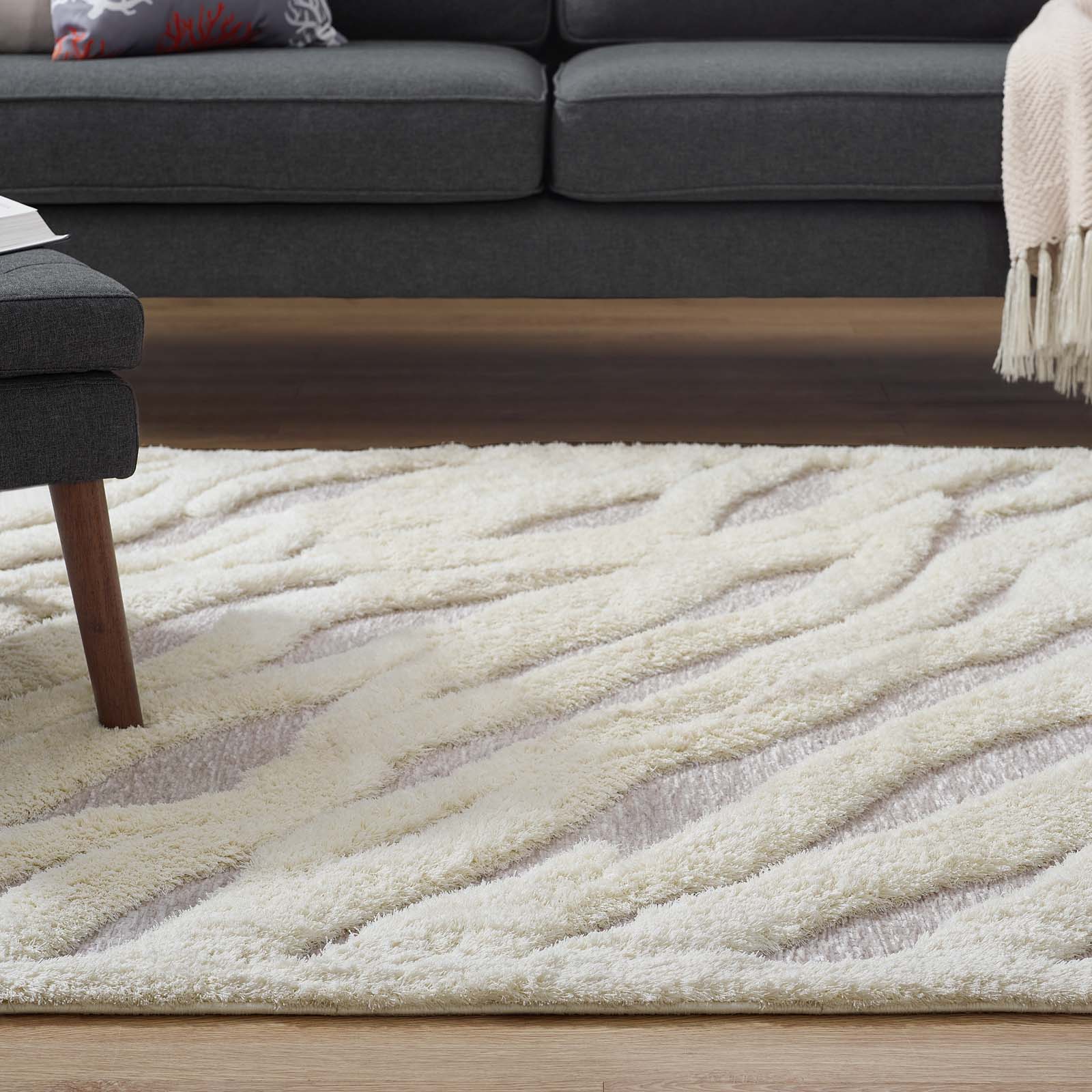Striped Shaggy Long Rugs for Bathroom Cozy Shag Collection Gray