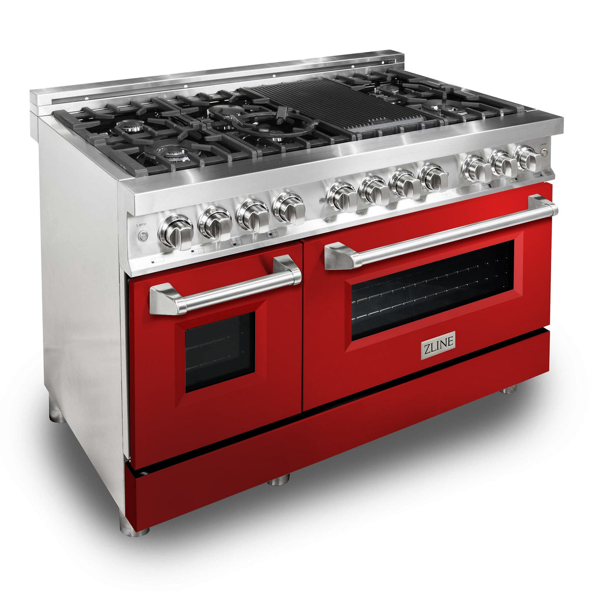 ZLINE 48" Kitchen Package with Stainless Steel Dual Fuel Range with Red Gloss Door and Convertible Vent Range Hood (2KP-RARGRH48)