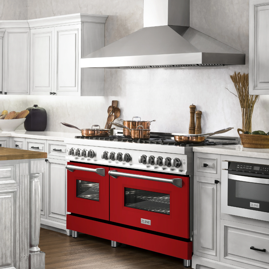 ZLINE 60 In. Professional Dual Fuel Range in DuraSnow® Stainless Steel with Red Gloss Door (RAS-RG-60)