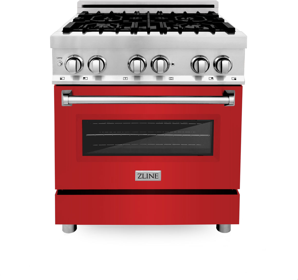 ZLINE 30" Kitchen Package with Stainless Steel Dual Fuel Range with Red Matte Door and Convertible Vent Range Hood