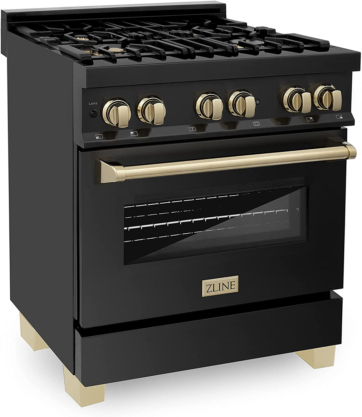 ZLINE Autograph Edition 30" 4.0 cu. ft. Dual Fuel Range with Gas Stove and Electric Oven in Black Stainless Steel with Gold Accents (RABZ-30-G)