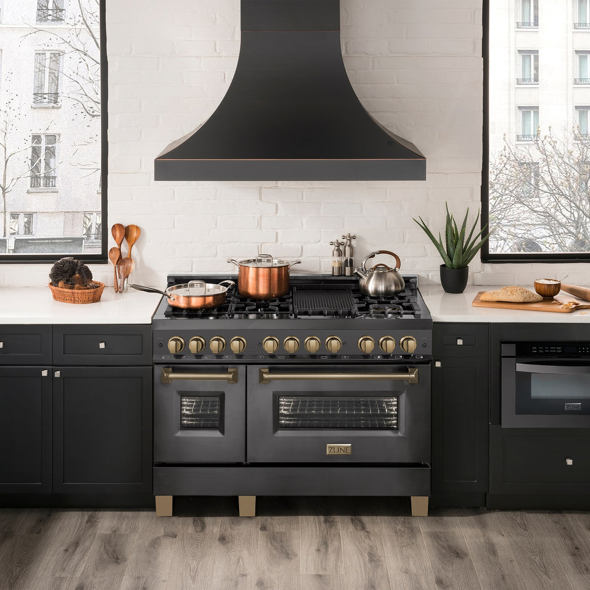 ZLINE Autograph Edition 48" 6.0 cu. ft. Dual Fuel Range in Black Stainless Steel with Champagne Bronze Accents