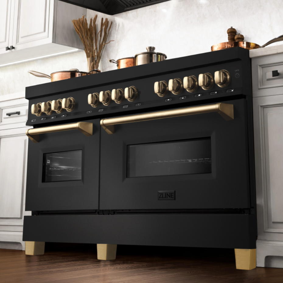 ZLINE Autograph Edition 60" 7.4 cu. ft. Dual Fuel Range with Gas Stove and Electric Oven in Black Stainless Steel with Gold Accents (RABZ-60-G)
