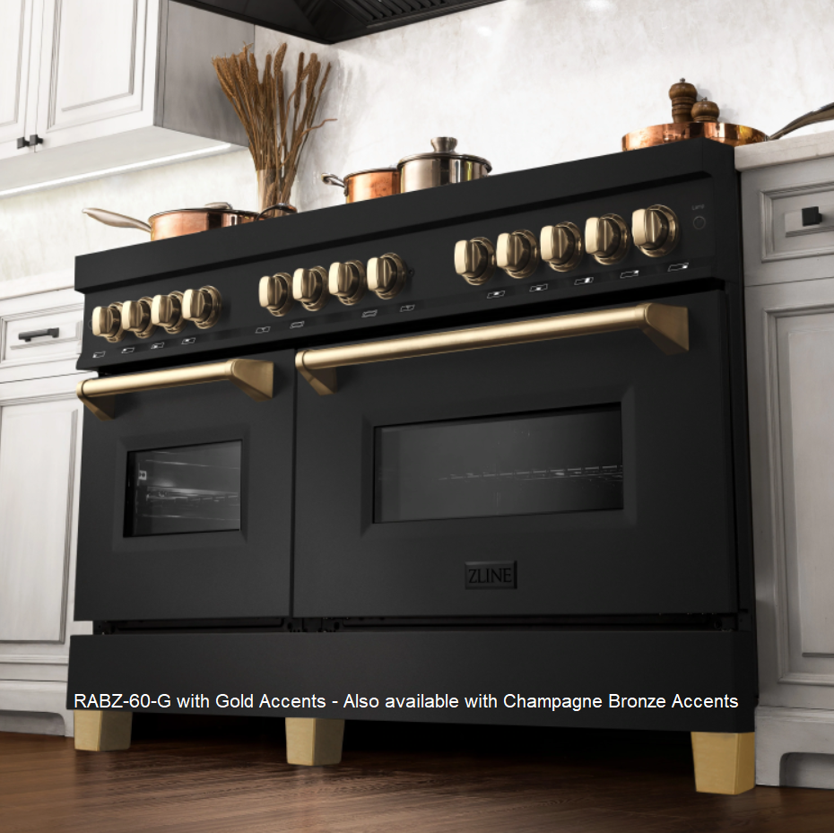 ZLINE Autograph Edition 60" 7.4 cu. ft. Dual Fuel Range with Gas Stove and Electric Oven in Black Stainless Steel with Champagne Bronze Accents (RABZ-60-CB)