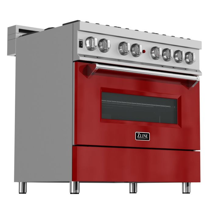 ZLINE 36 IN. Professional Dual Fuel Range in Snow Stainless with Red Gloss Door (RAS-RG-36)