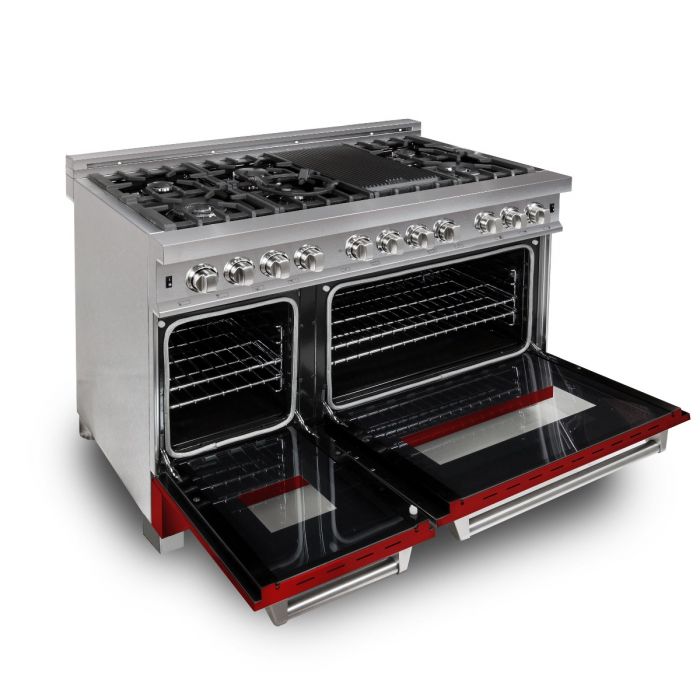 ZLINE 48 IN. Professional Dual Fuel Range in Snow Stainless with Red Matte Door (RAS-RM-48)