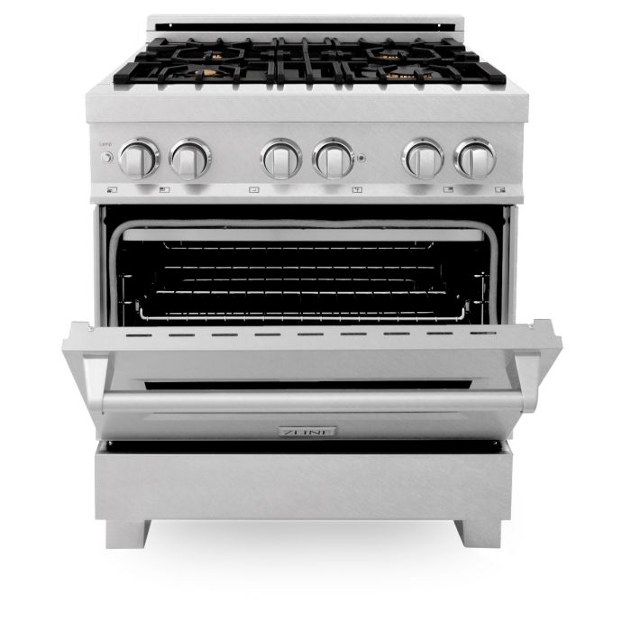 ZLINE 30 in. Professional 4.0 cu. ft. 4 Dual Fuel Range in DuraSnow® Stainless Steel with Brass Burners (RAS-SN-BR-30)