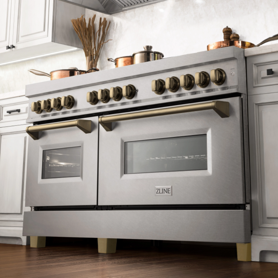 ZLINE Autograph Edition 60" 7.4 cu. ft. Dual Fuel Range with Gas Stove and Electric Oven in DuraSnow Stainless Steel with Champagne Bronze Accents (RASZ-60-CB)