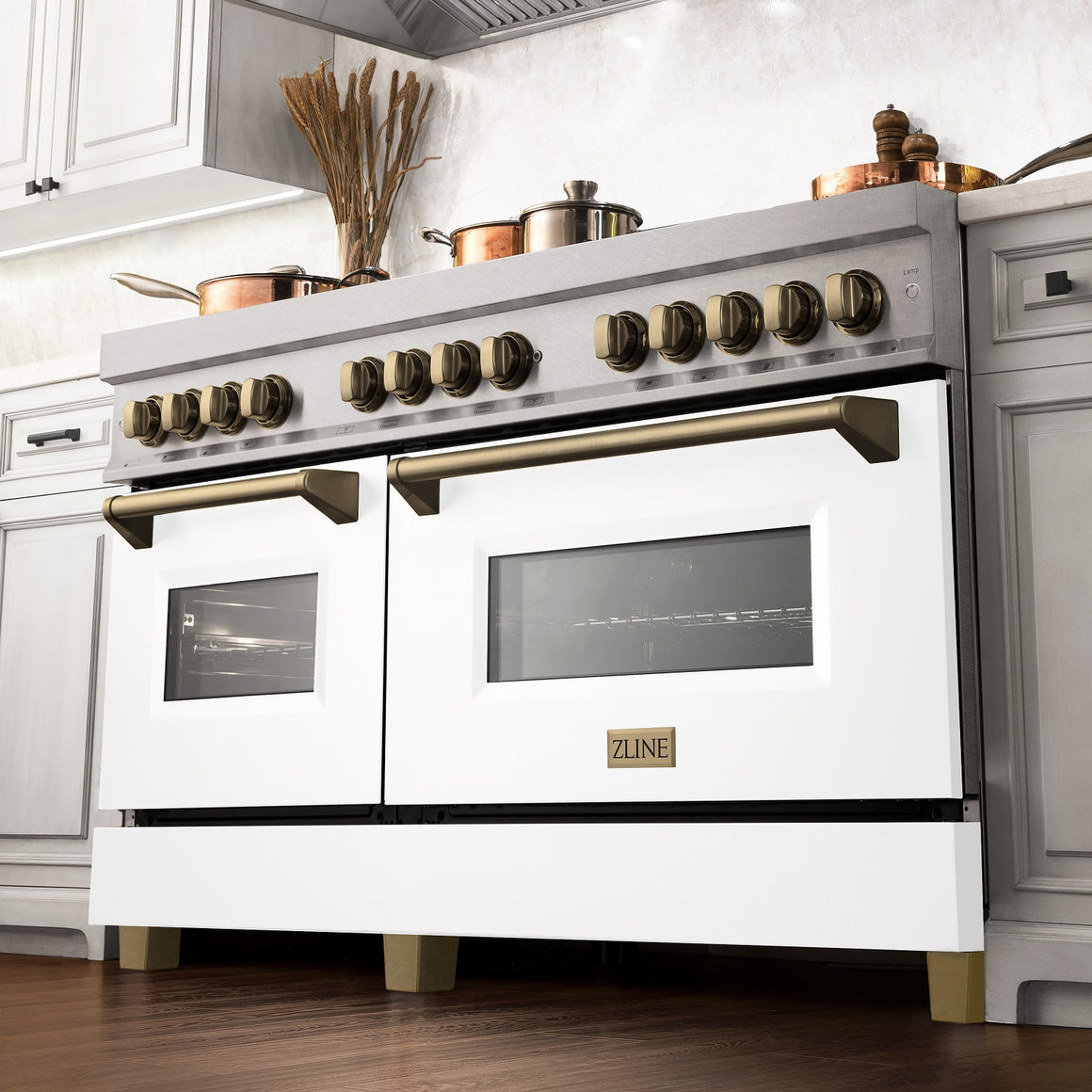 ZLINE Autograph Edition 60" 7.4 cu. ft. Dual Fuel Range with Gas Stove and Electric Oven in DuraSnow® Stainless Steel with White Matte Door and Champagne Bronze Accents (RASZ-WM-60-CB)