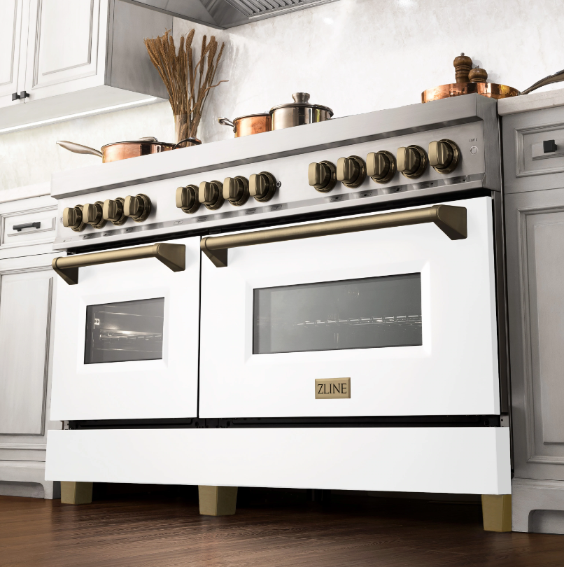 ZLINE Autograph Edition 60" 7.4 cu. ft. Range with Gas Stove and Electric Oven in Stainless Steel with White Matte Door and Champagne Bronze Accents