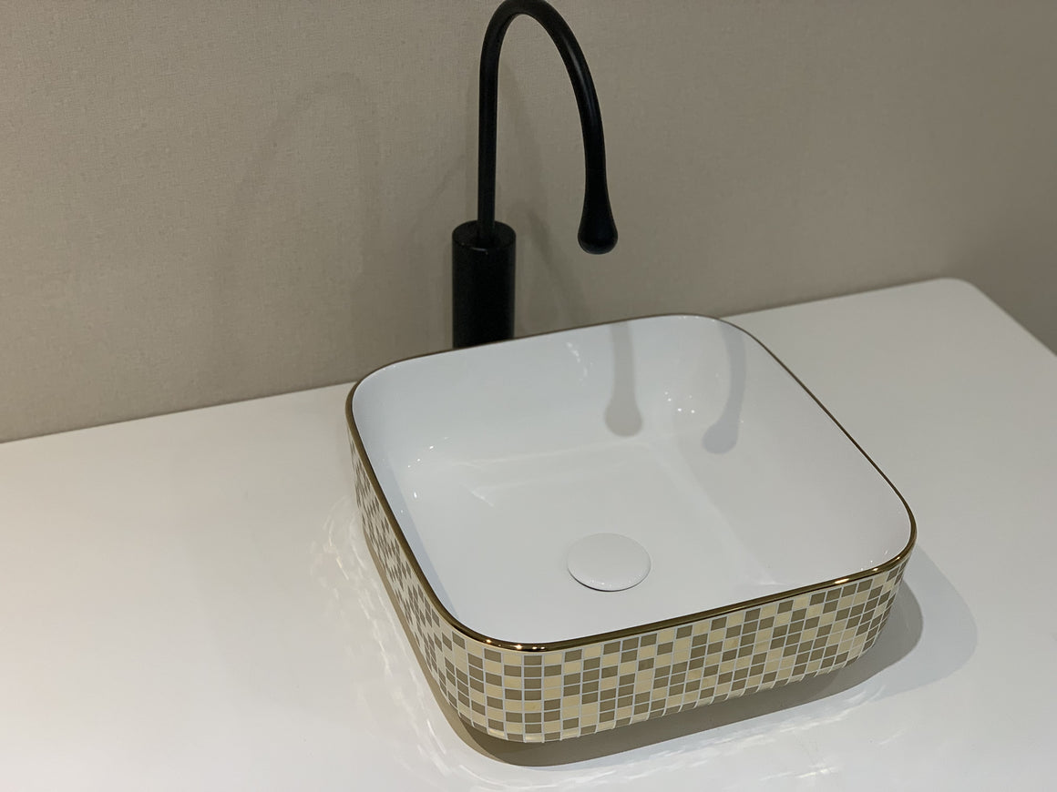 15 x 15 inch Bathroom Vessel Sink Gold Decorative Pattern Above Vanity Counter White Porcelain Ceramic