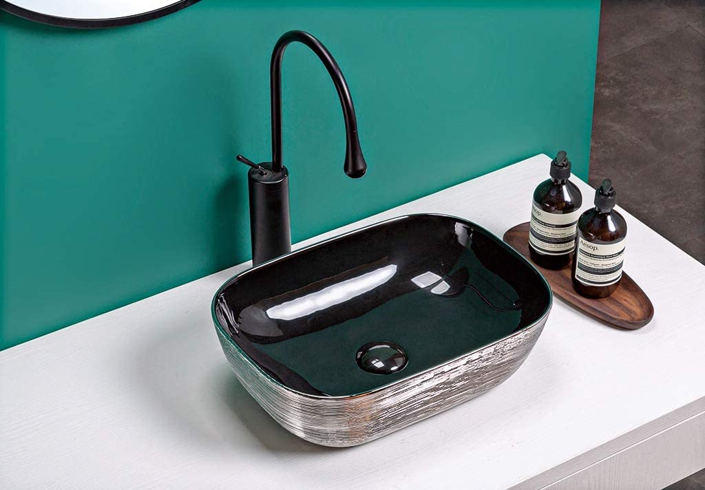 20 x 16 inch Bathroom Vessel Sink Silver Decorative Art Above Vanity Counter Black Ceramic
