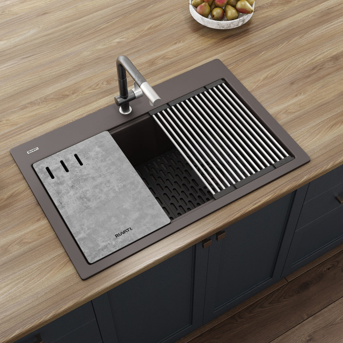 Ruvati 33-inch Granite Composite Workstation Drop-in Topmount Kitchen Sink Espresso Brown – RVG1302ES