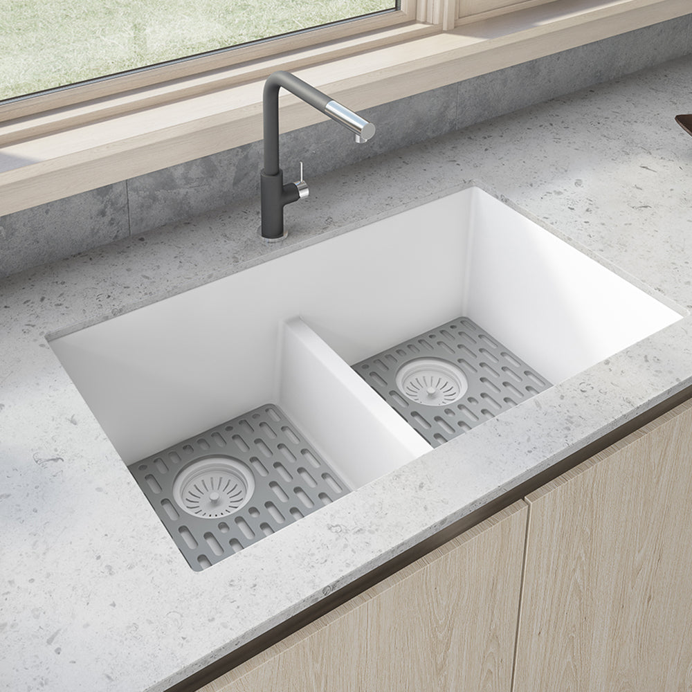 Ruvati 33 x 19 inch Granite Composite Undermount Double Bowl Low Divide Kitchen Sink - Arctic White - RVG2385WH