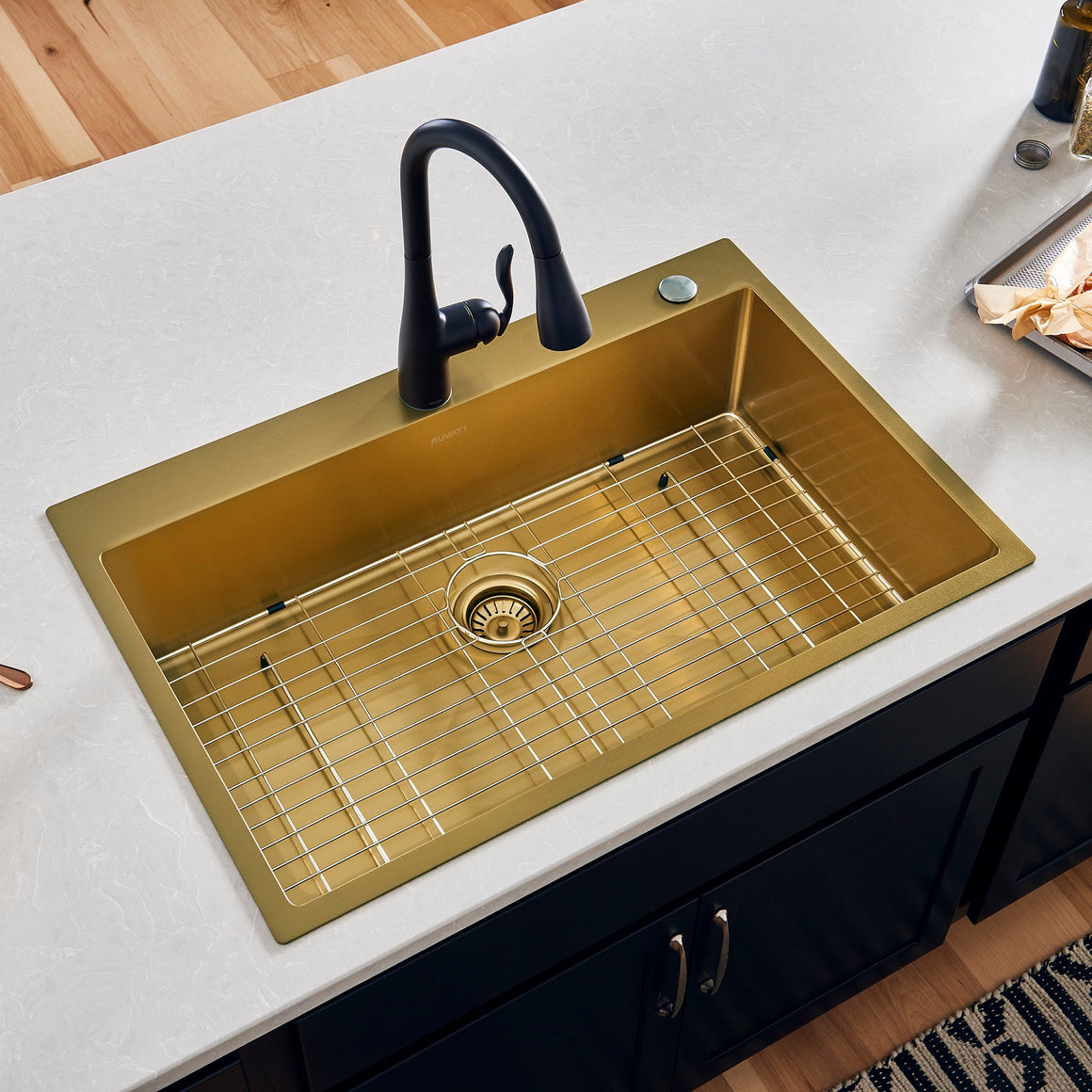 Ruvati 33 x 22 inch Satin Brass Matte Gold Stainless Steel Drop-in Topmount Kitchen Sink Single Bowl – RVH5005GG