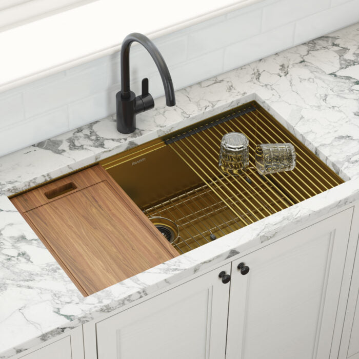 Ruvati 33 inch Polished Brass Matte Gold Workstation Undermount Kitchen Sink Single Bowl – RVH6533GG