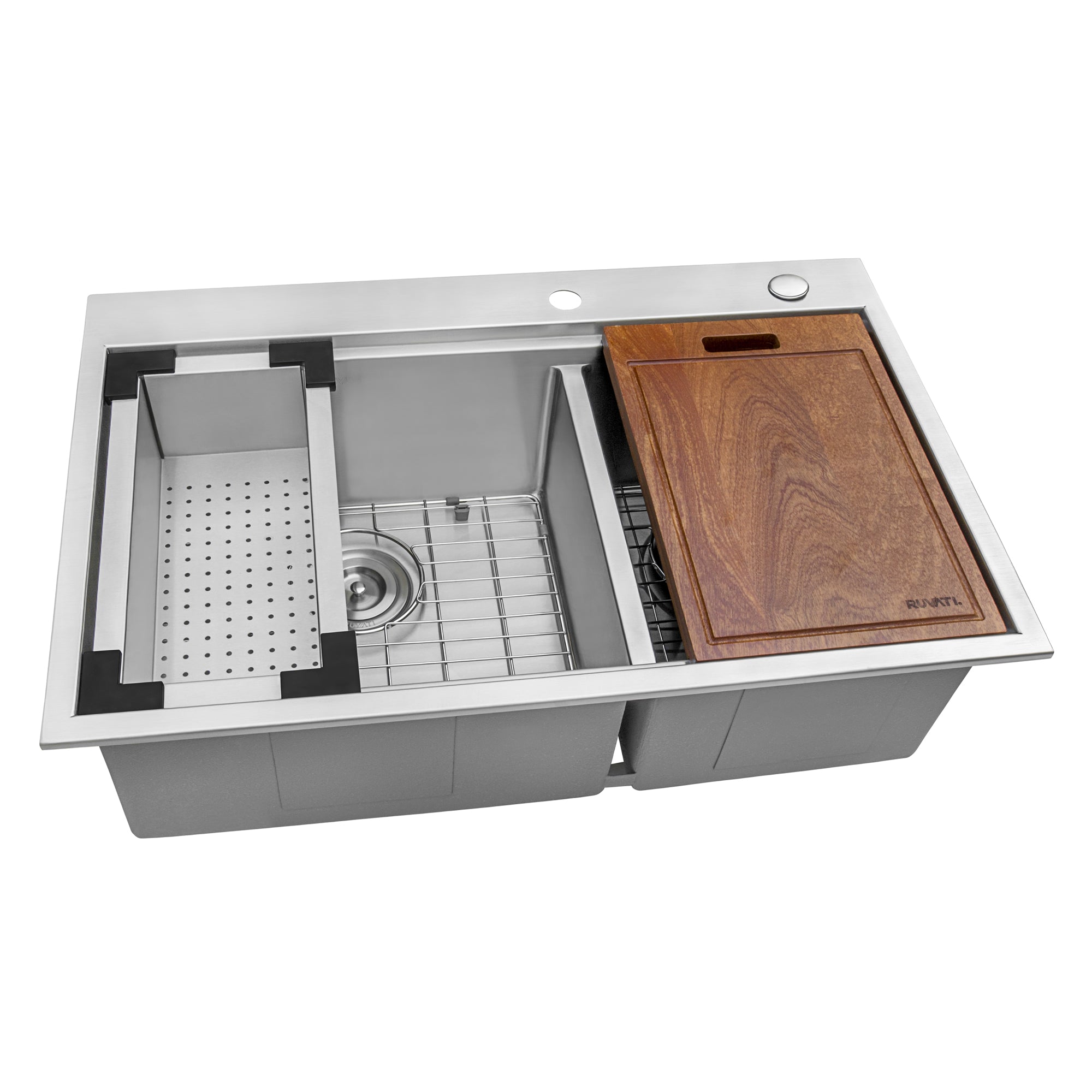 Logmey 33 in. Drop in Double Bowl (60/40) 18-Gauge Stainless Steel Workstation Kitchen Sink with Sliding Accessories, Stainless Steel Brushed