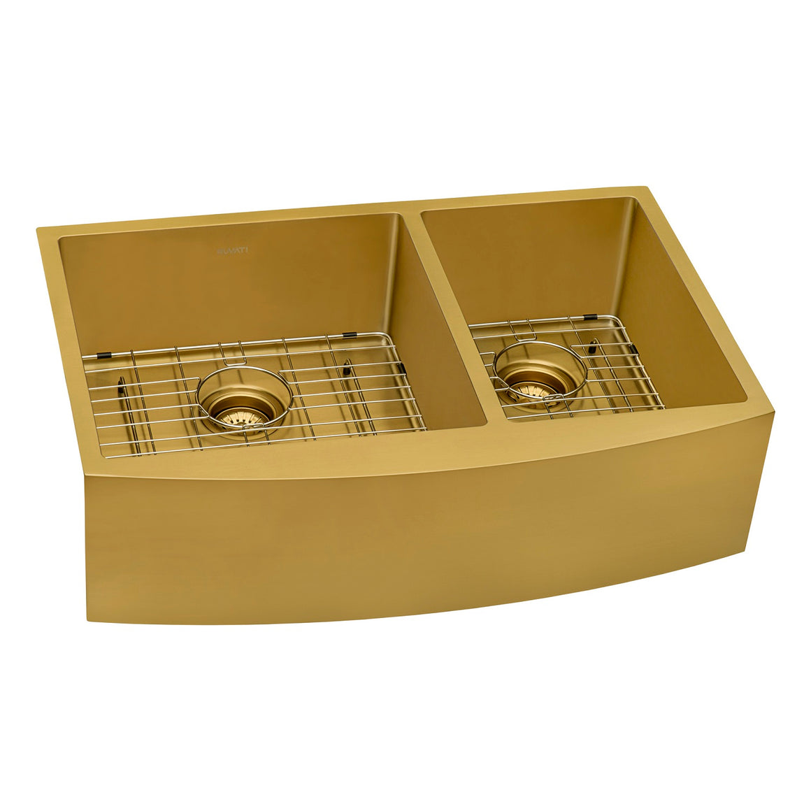 Ruvati 33-inch Satin Brass Matte Gold Stainless Steel 60/40 Double Bowl Apron-Front Farmhouse Kitchen Sink – RVH9742GG