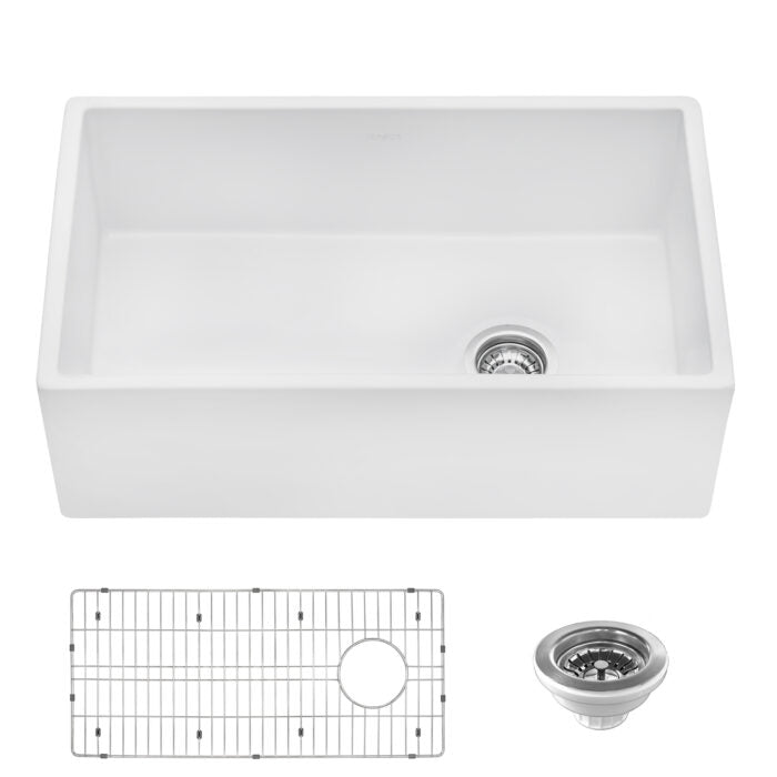 30-inch Fireclay Farmhouse Offset Drain Kitchen Sink Single Bowl White – Right Drain
