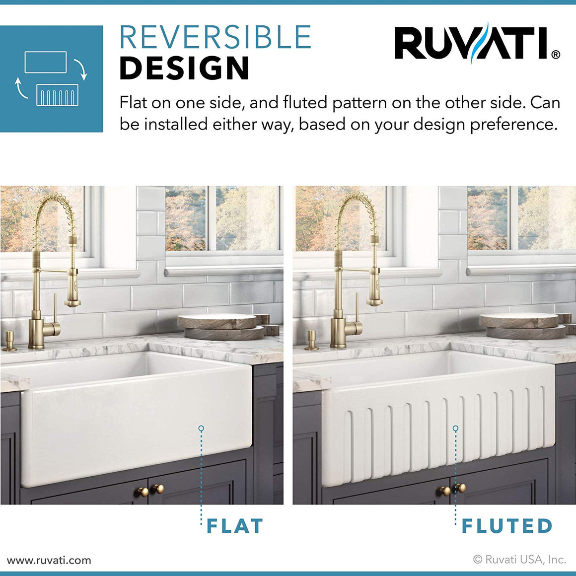 Ruvati 30 x 20 inch Fireclay Reversible Farmhouse Apron-Front Kitchen Sink Single Bowl - Biscuit - RVL2100BS