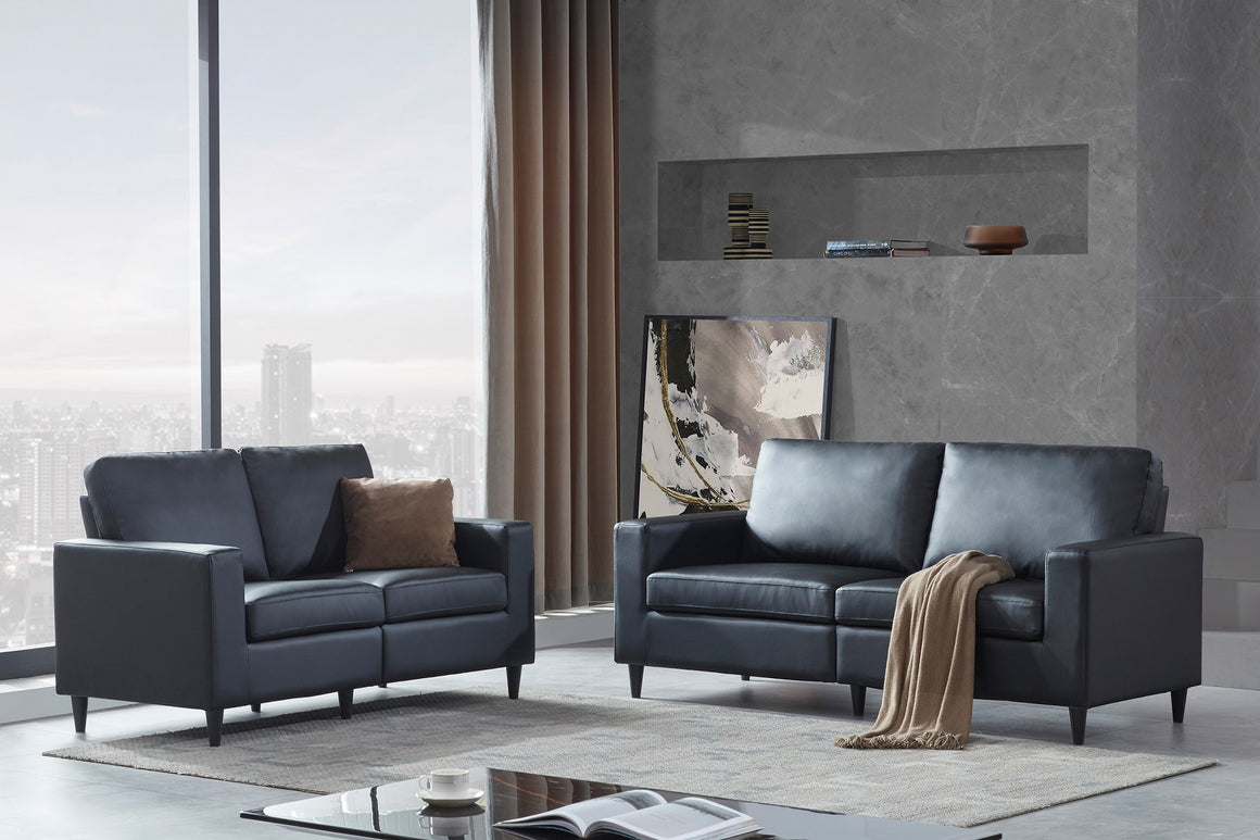 River Quinn Leather Sofa and Loveseat in Midnight Black