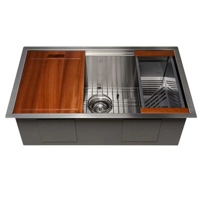 ZLINE Designer Series 30 Inch Undermount Single Bowl Ledge Sink in Stainless Steel with Accessories SLS-30