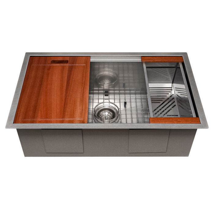 ZLINE Designer Series 30 Inch Undermount Single Bowl Ledge Sink in DURASNOW® Stainless Steel with Accessories SLS-30S