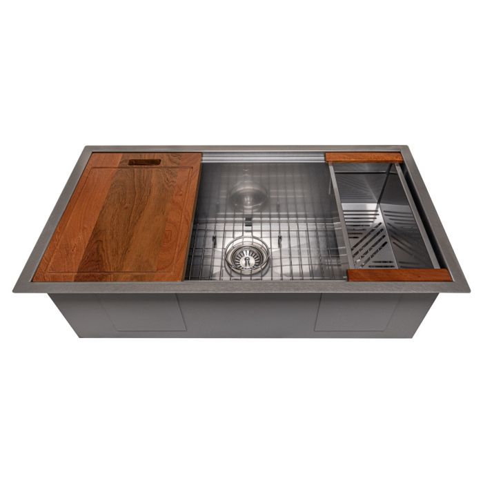 ZLINE Designer Series 33 Inch Undermount Single Bowl Ledge Sink in DURASNOW® Stainless Steel with Accessories SLS-33S