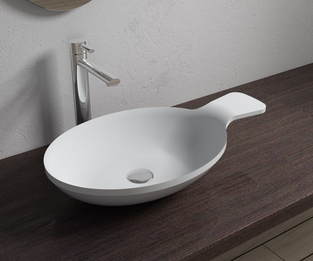 24"x14"POLYSTONE SPOON VESSEL BATHROOM SINK IN GLOSSY WHITE FINISH-NO FAUCET