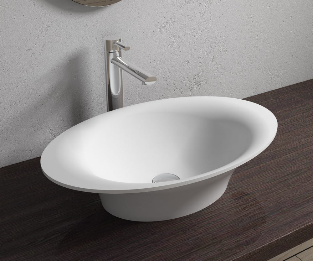 23"x14"POLYSTONE OVAL VESSEL BATHROOM SINK IN GLOSSY WHITE FINISH-NO FAUCET