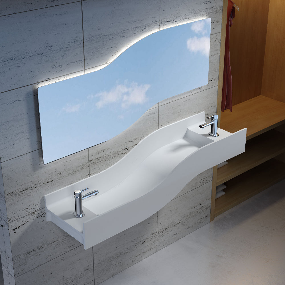 55"POLYSTONE LEFT WAVE WALL MOUNTED SINK IN MATTE WHITE FINISH-NO FAUCET