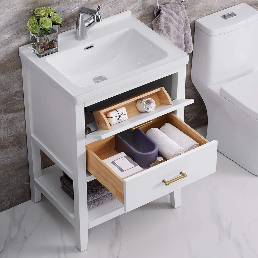 24 inch Free-Standing White Bathroom Vanity with Drawer and Open Shelf Styling
