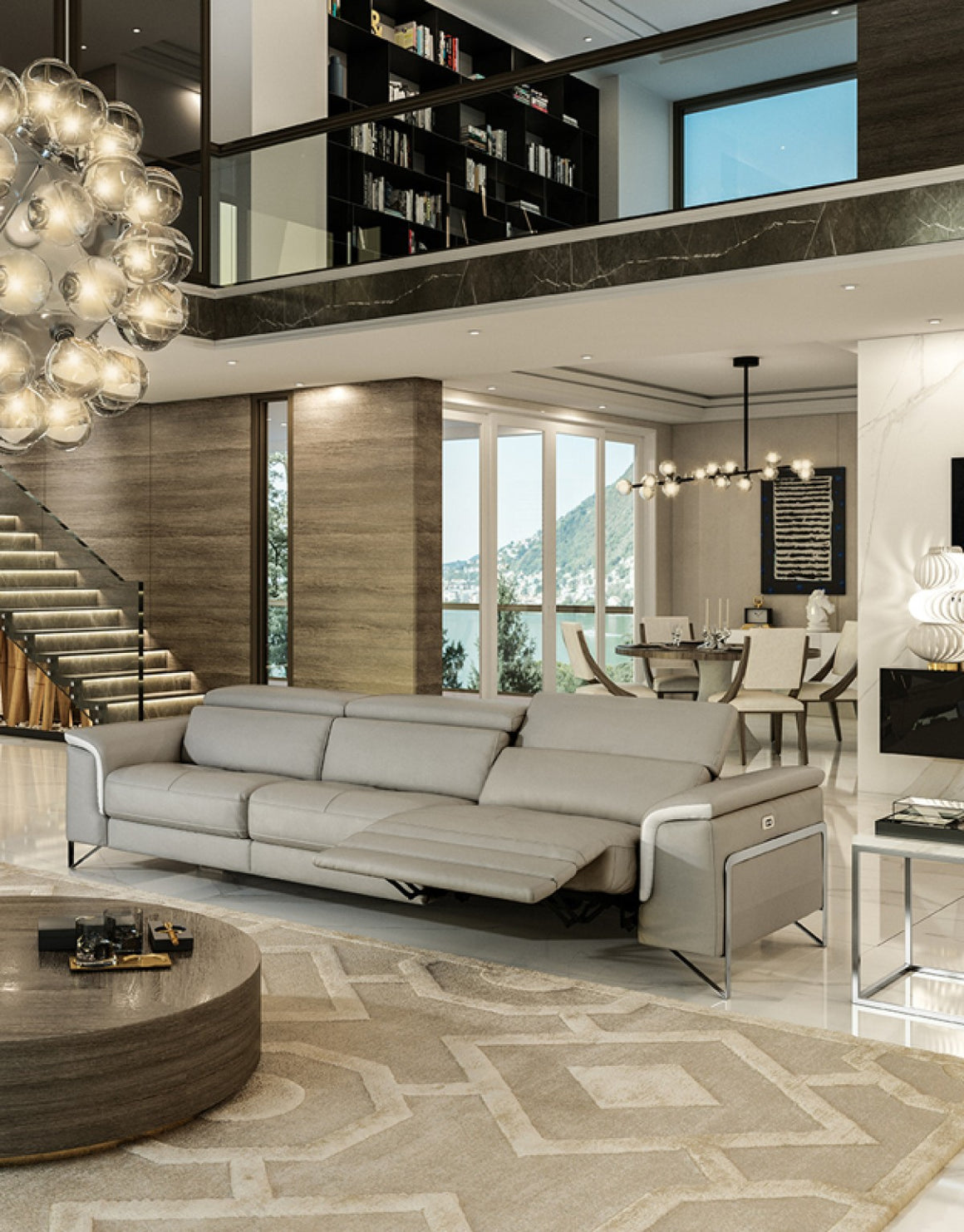 Accenti Italia Vogue Italian Modern Grey & White Sofa w/ Electric Recliner