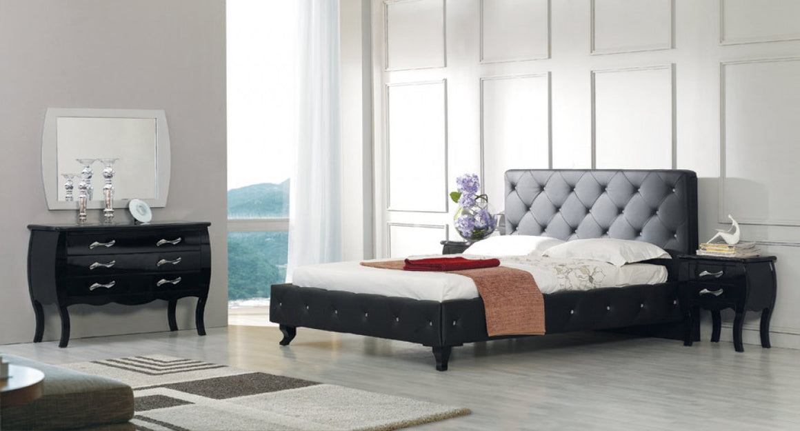 Modrest Monte Carlo - Black Leatherette Modern Bed with Crystals