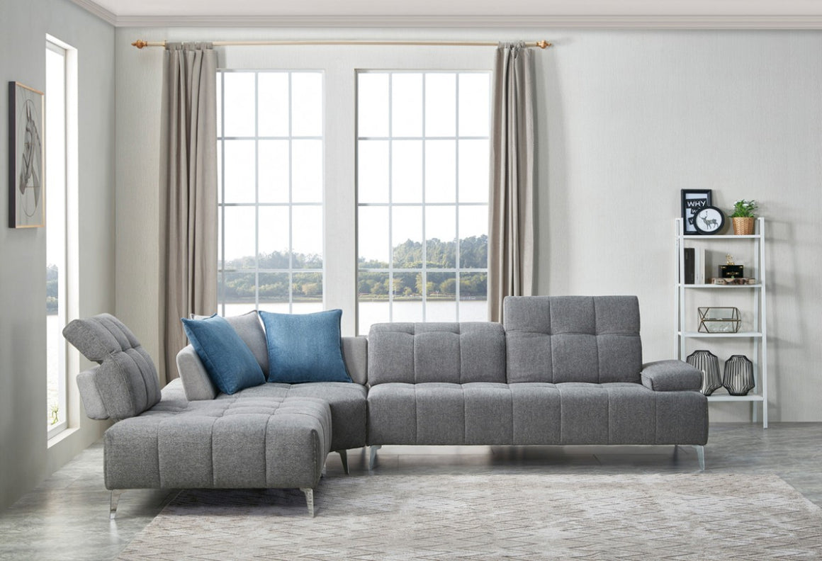 Divani Casa Nash Modern Contemporary Grey Tufted Fabric Sectional Sofa w/ Adjustable Backrest