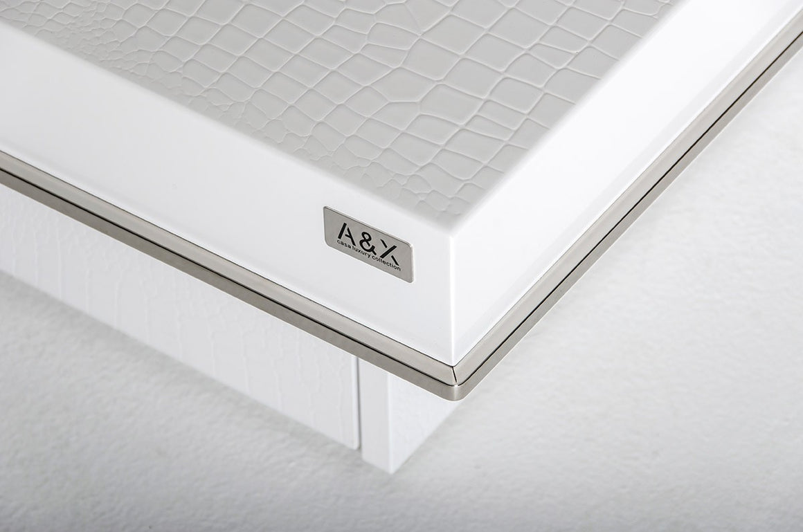 A&X Horizon - Modern White Crocodile Coffee Table w/ Pull Out Squares