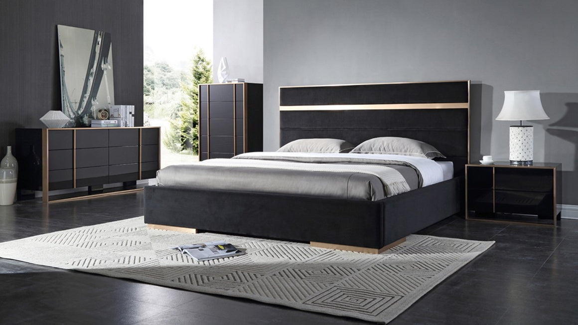 Nova Domus Cartier Modern Black Velvet & Brushed Bronze Bed