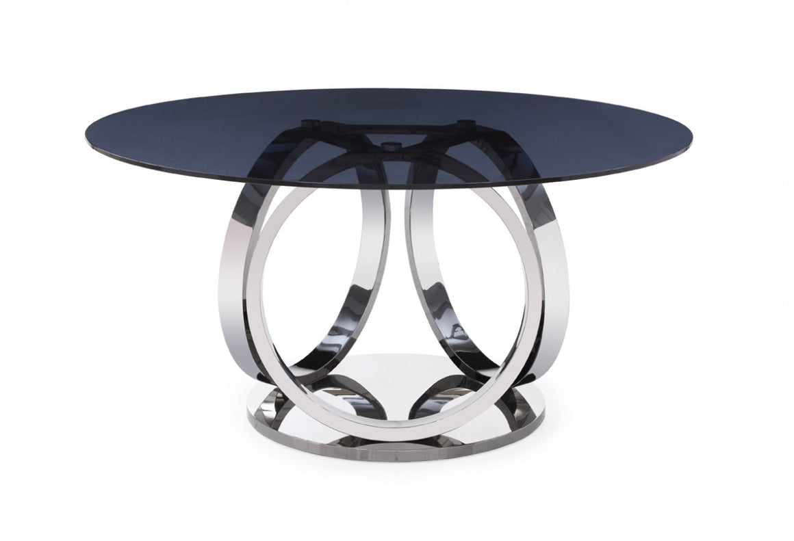 Modrest Kilson Modern Smoked Glass & Stainless Steel Round Dining Table