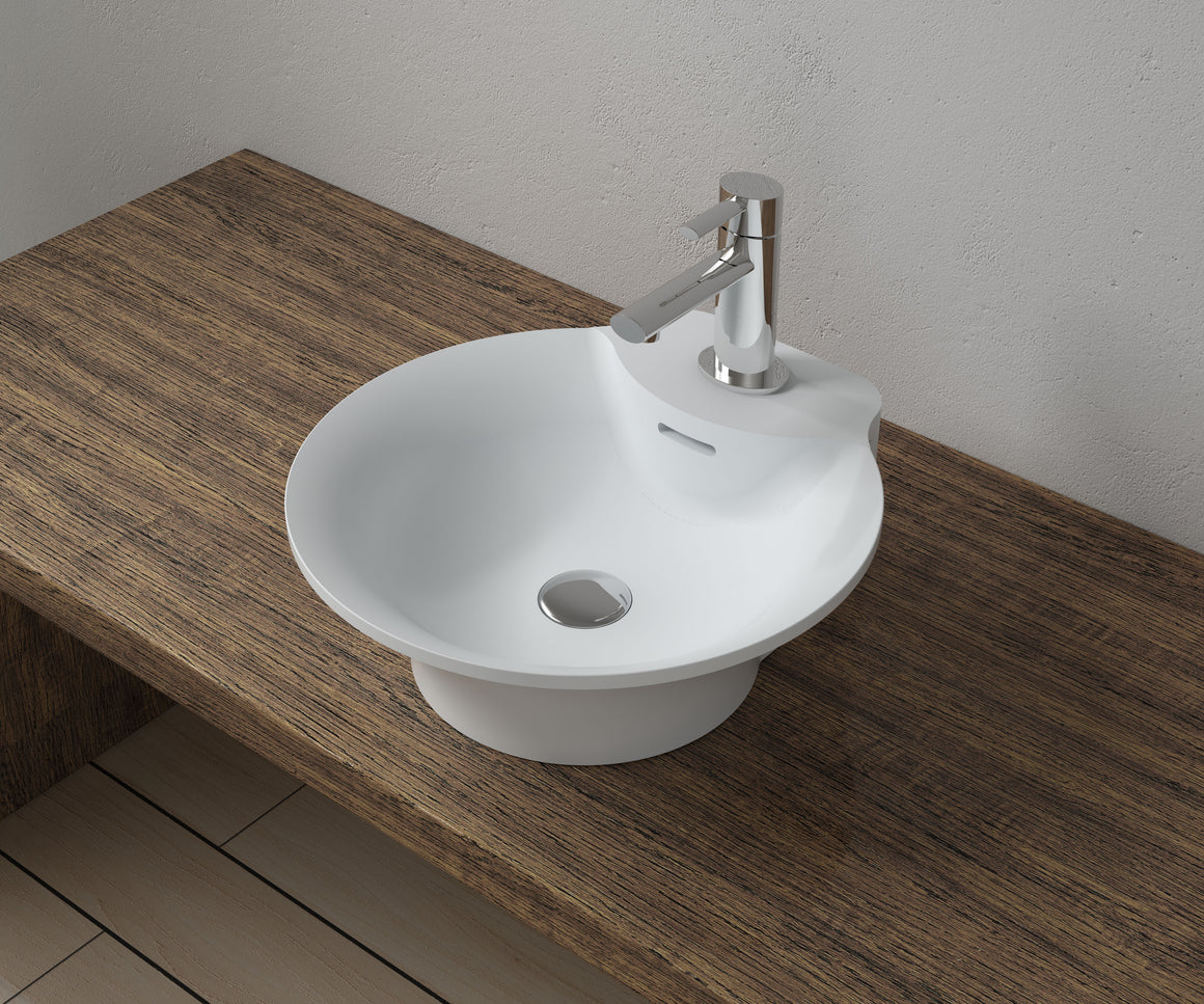 16"x17"POLYSTONE ROUND VESSEL BATHROOM SINK WITH OVERFLOW IN MATTE WHITE FINISH-NO FAUCET