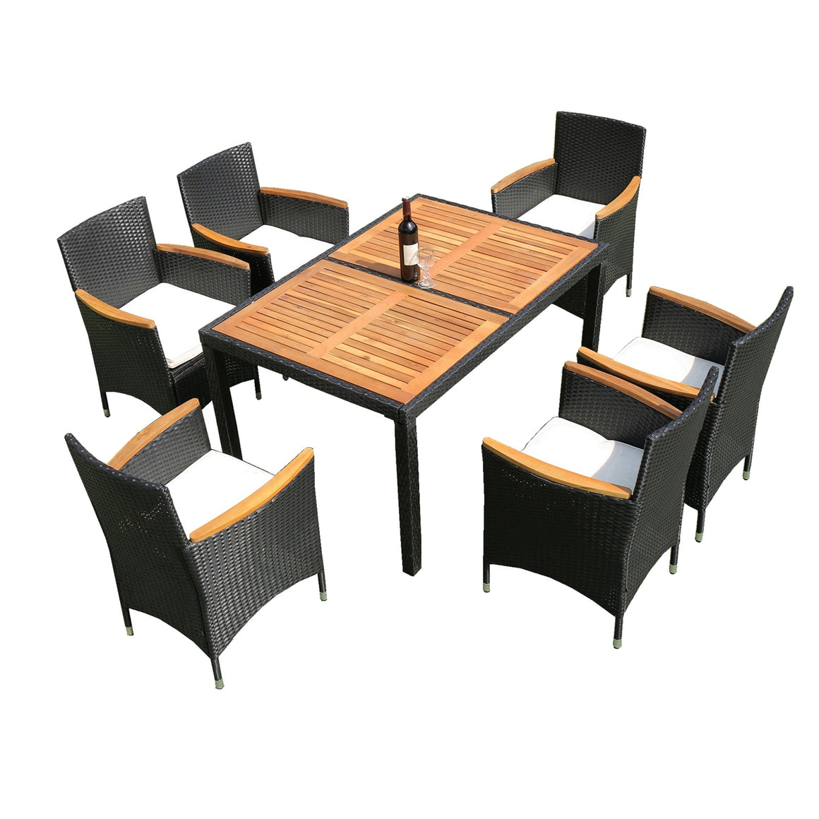 7-Piece Outdoor Patio Dining Set with Wicker Armchairs and Acacia Wood Tabletop