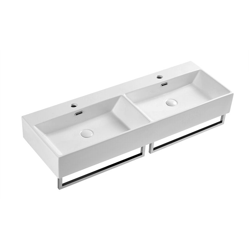 Fablise Rectangular Double Trough Ceramic Above Counter Sink in White