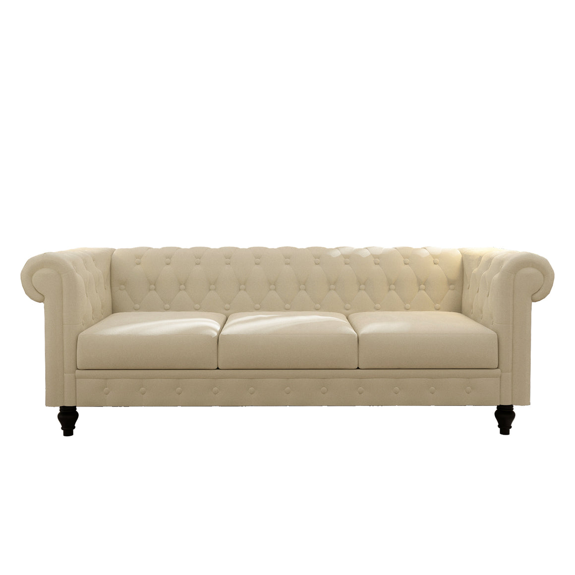Chesterfield Design Velvet Rolled Arm Couch in Ivory
