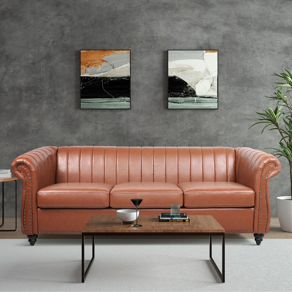 River Quinn 84" Rolled Arm Chesterfield Three Seater Sofa in Cinnamon